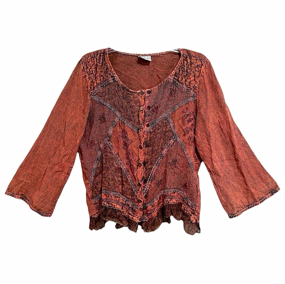 Boho Fairy Grunge Top Size L/XL Clay Brown Ren Faire Bell Sleeves Embroidered